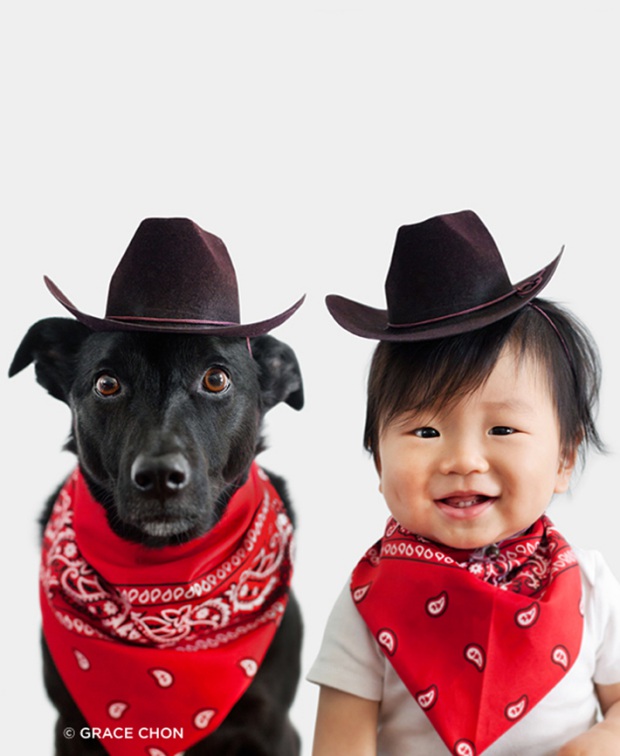 Baby and dog dress up like cowboy